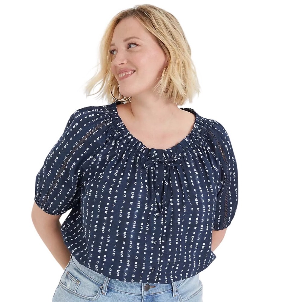 Lane Bryant Blouse Womens 18/20 Navy Blue Geometric Dot Peasant Lace Trim